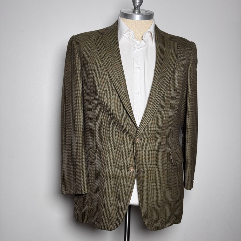 Norman Hilton Sport Coat Mens 44L Brown Glen Plaid Wool Vintage Blazer